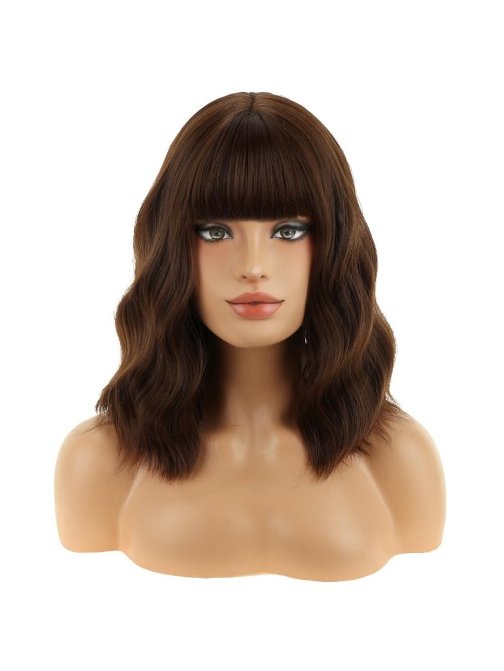 Women's Brown BERON 14 Inch  Curly Wig with Bangs Short Synthetic Wig